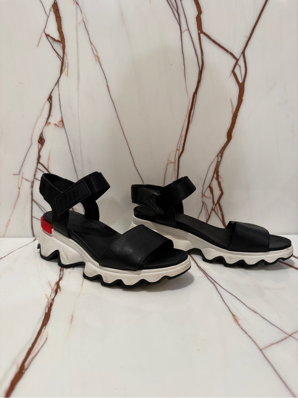 Sorel Black Platform Sport Sandals with Red Accent - Women's